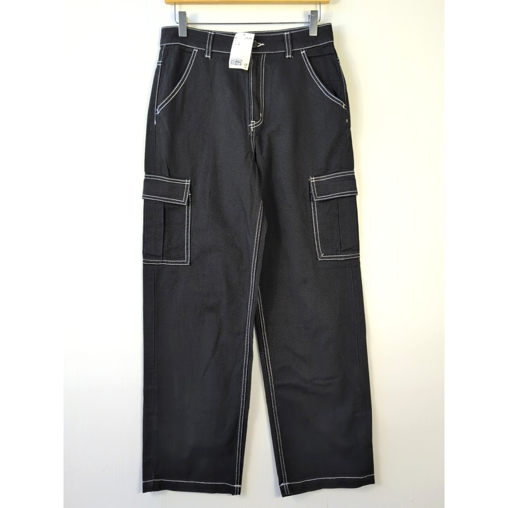 Divided Jeans Womens 4 Black Wide Leg Cargo Pants High Rise Contrast Stitch Y2K